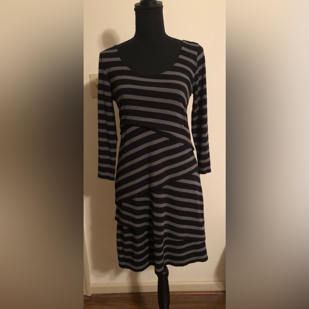 EUC;Dress; Ann Taylor Loft; Asymmetrical Panels; Scoop Neck;Black & Grey Stripes
